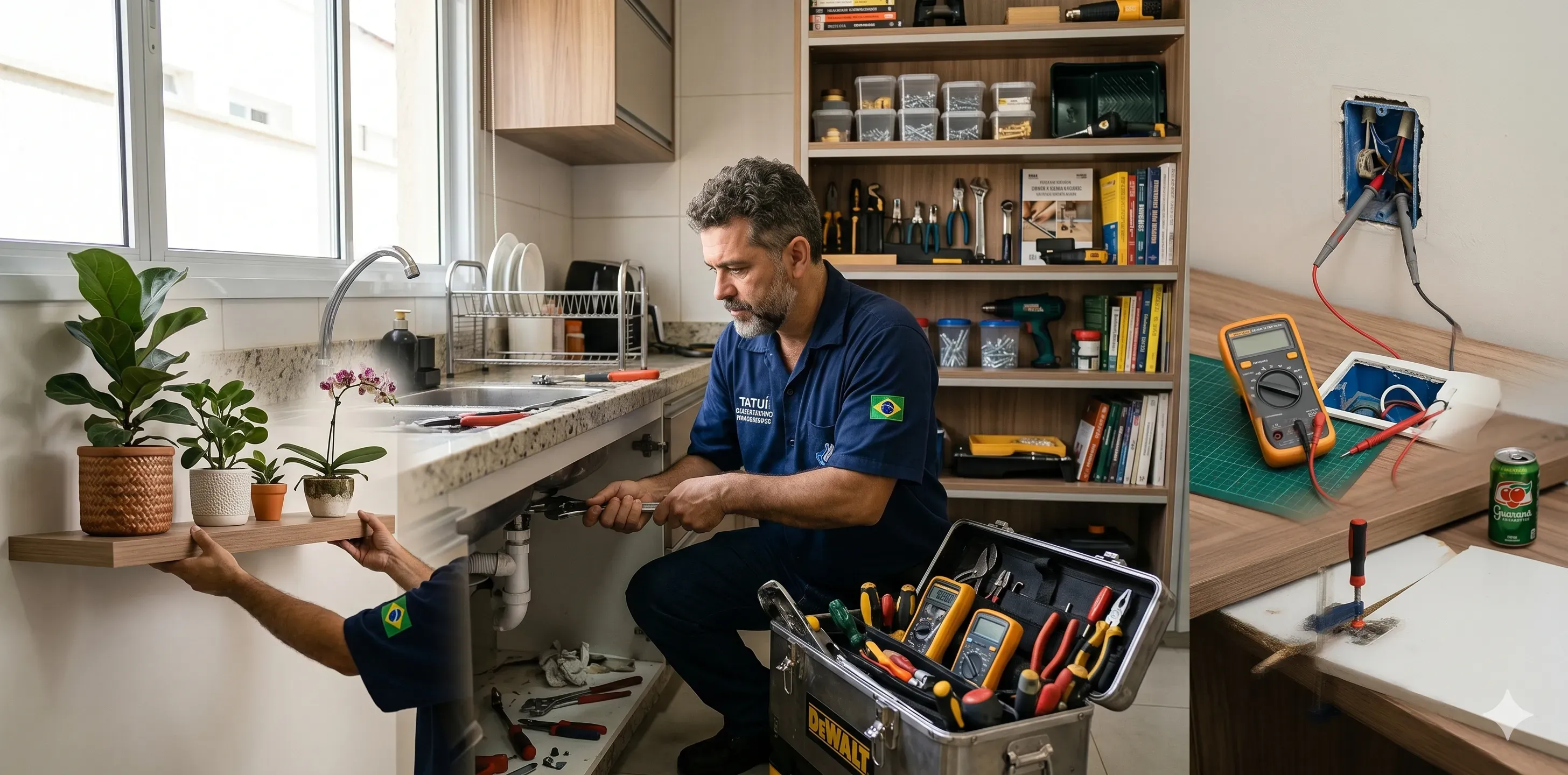 Marido de aluguel profissional realizando reparo sob a pia da cozinha em Tatuí