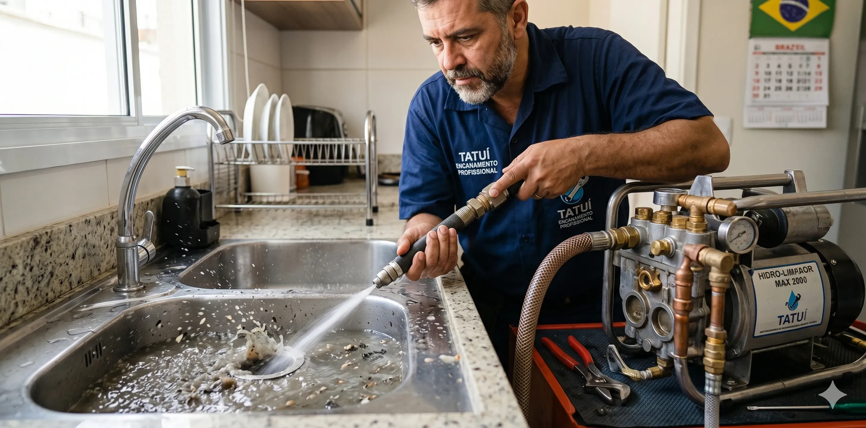 Desentupidor profissional trabalhando na pia de cozinha com equipamento especializado em Tatuí