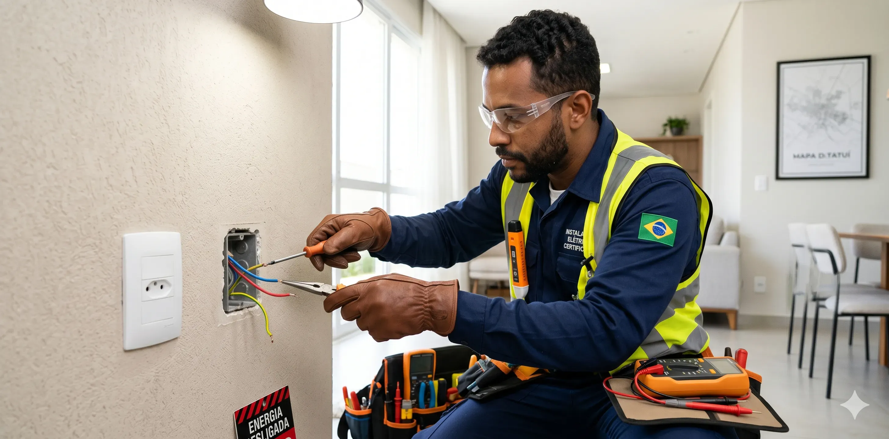 Eletricista profissional realizando instalação elétrica em tomada residencial em Tatuí