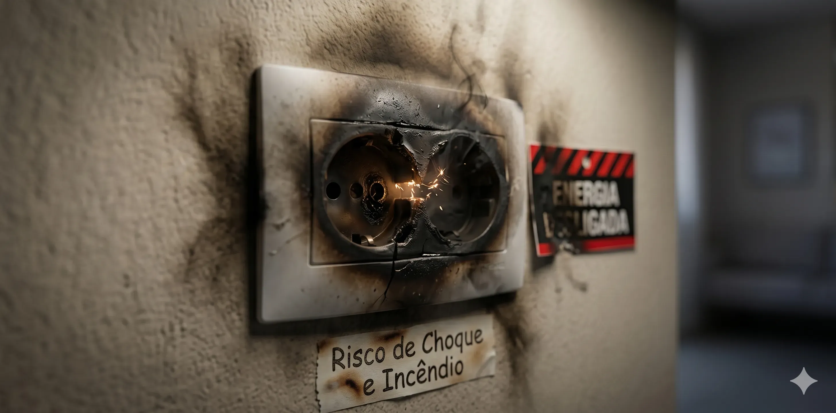 Tomada elétrica queimada demonstrando os riscos e a necessidade de revisão em Tatuí