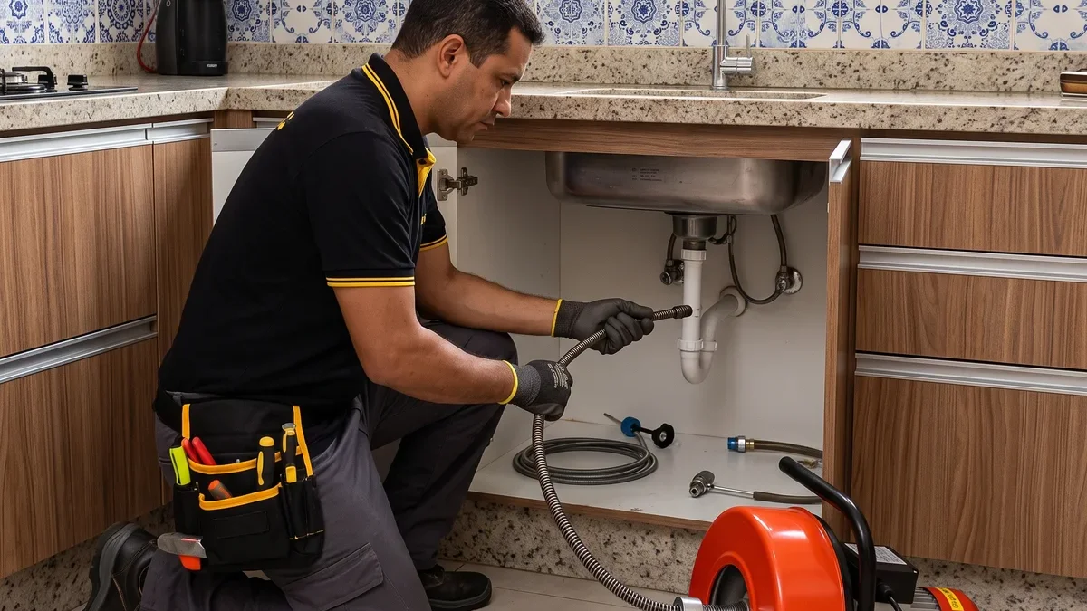Desentupidora profissional desobstruindo pia de cozinha em Tatuí