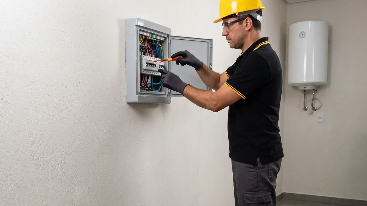 Eletricista organizando quadro de disjuntores em residência em Tatuí