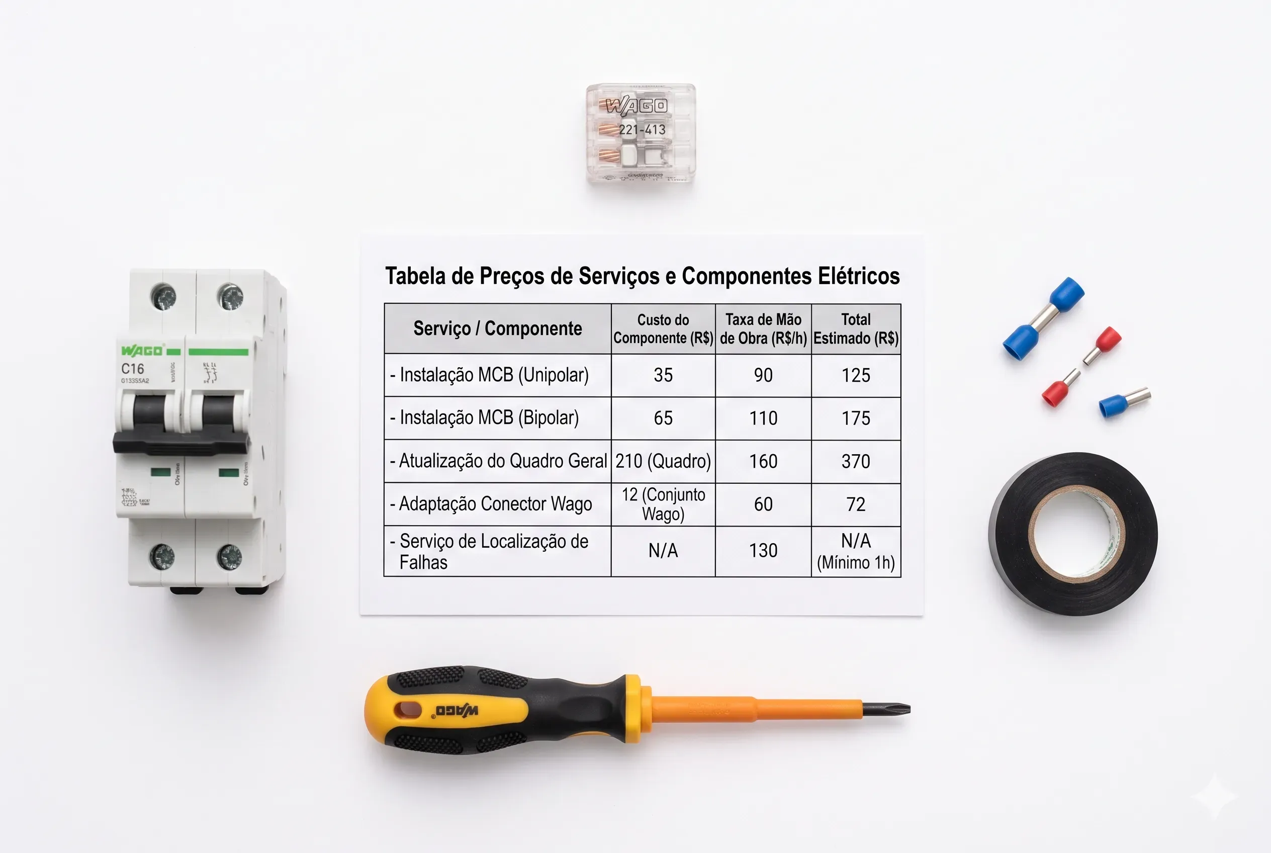 Tabela de preços de serviços elétricos — flatlay com ferramentas e componentes