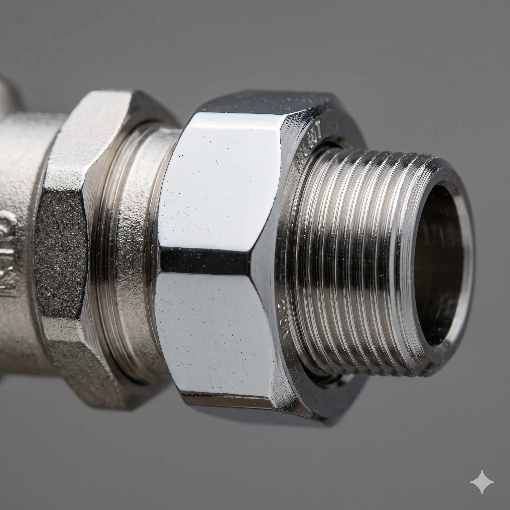 Acabamento perfeito de reparo hidráulico — macro detalhe da conexão