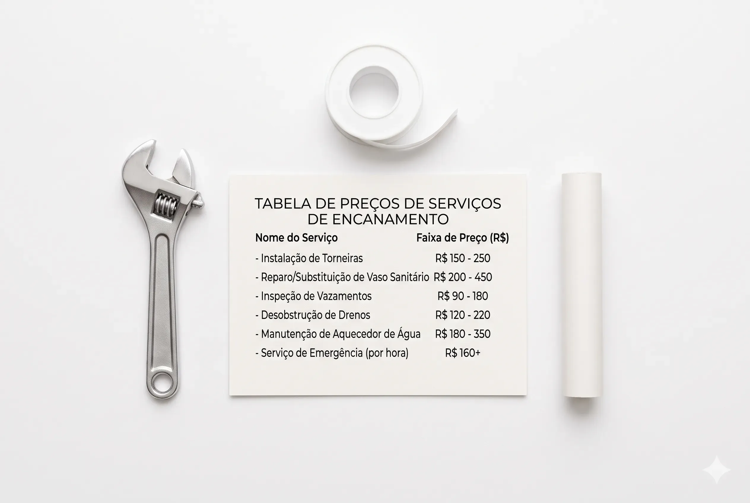 Tabela de preços de serviços hidráulicos — flatlay com ferramentas